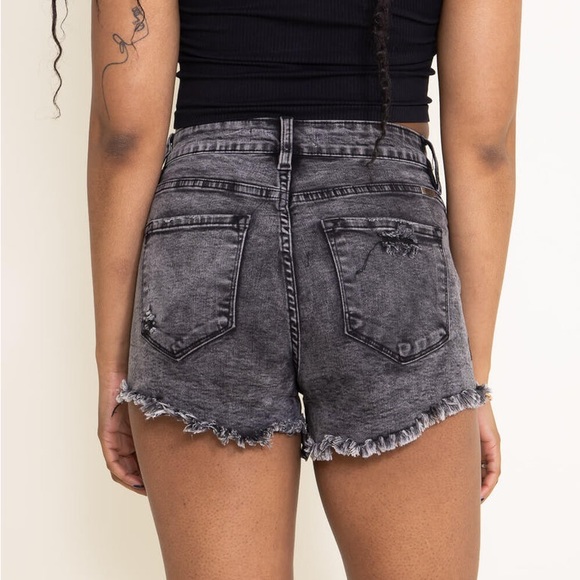 NWT- KANCAN High Rise Acid Wash Distressed Shorts for Women in Black - Picture 3 of 12